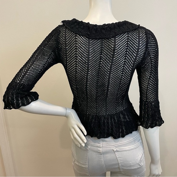 VINTAGE Y2K Water Drop Crochet Cropped Ruffle Sleeve Loose Knit Sweater - Picture 2 of 8